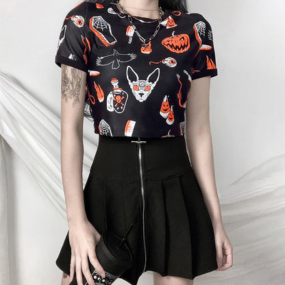 Halloween Printed High-waisted Slim-fitting T-shirt Female Vitality Girl