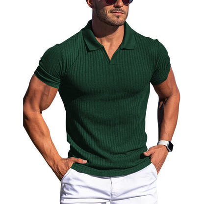 Polo Shirt Lapel V-neck Vertical Striped Short Sleeve Men's T-shirt