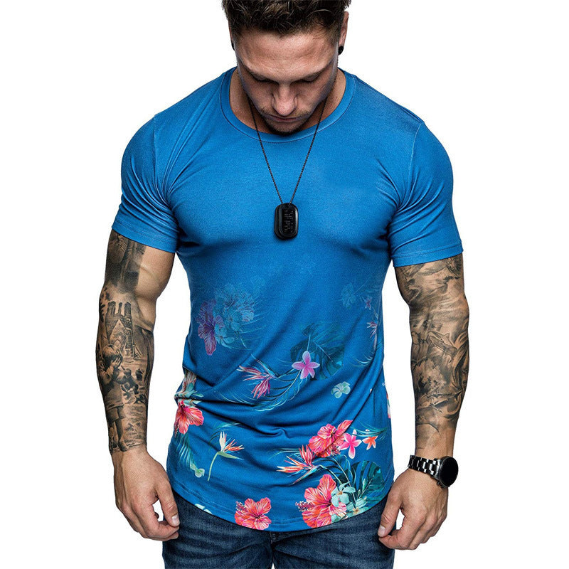 Summer Men Slim Fit Flower Print Shirt Short Sleeve T-shirt Gym Tee Club Casual Tops Plus Size