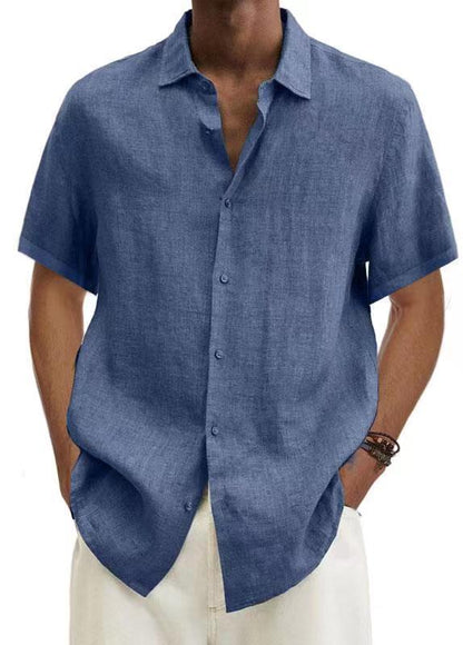 CJ V-neck Button Cotton And Linen Solid Color Men's Trendy Shirt