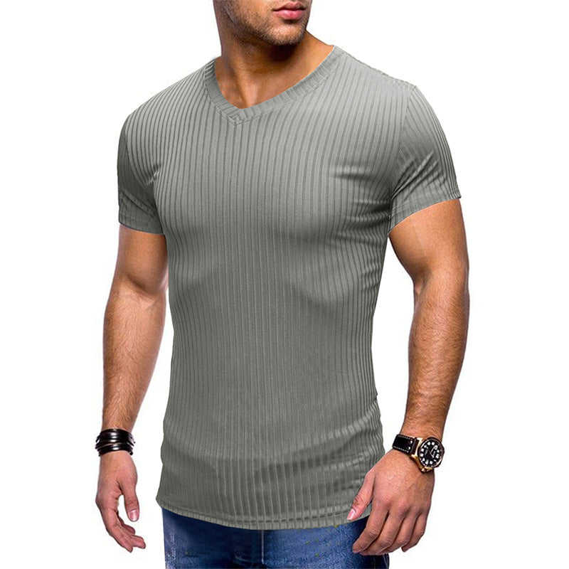 Solid Color Small V Neck European And American Men's T-shirt