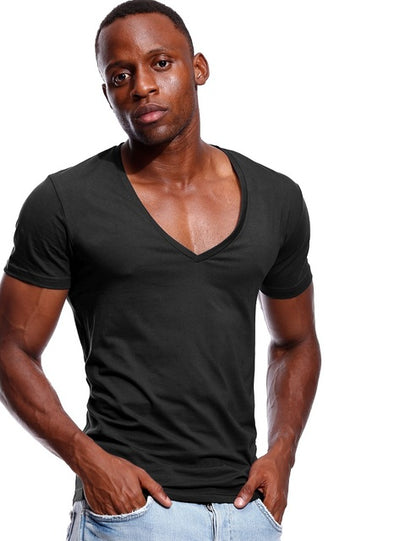 Deep V Neck T Shirt For Men Low Cut Wide Vee Tee Male