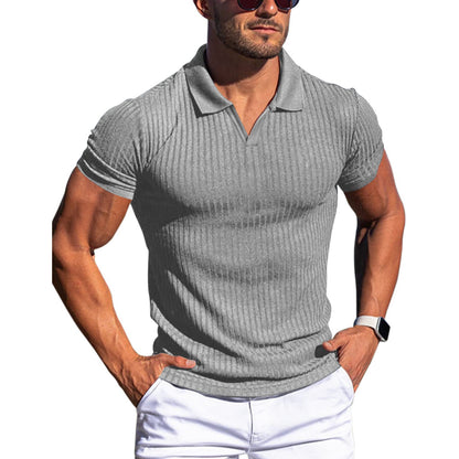 Polo Shirt Lapel V-neck Vertical Striped Short Sleeve Men's T-shirt