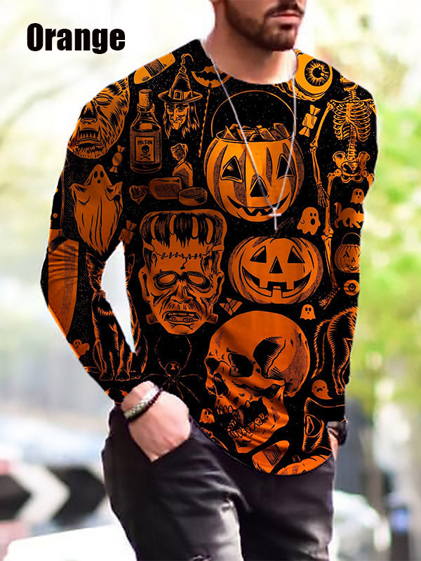 Halloween Autumn And Winter Men S Print Simple Long-Sleeved T Shirt
