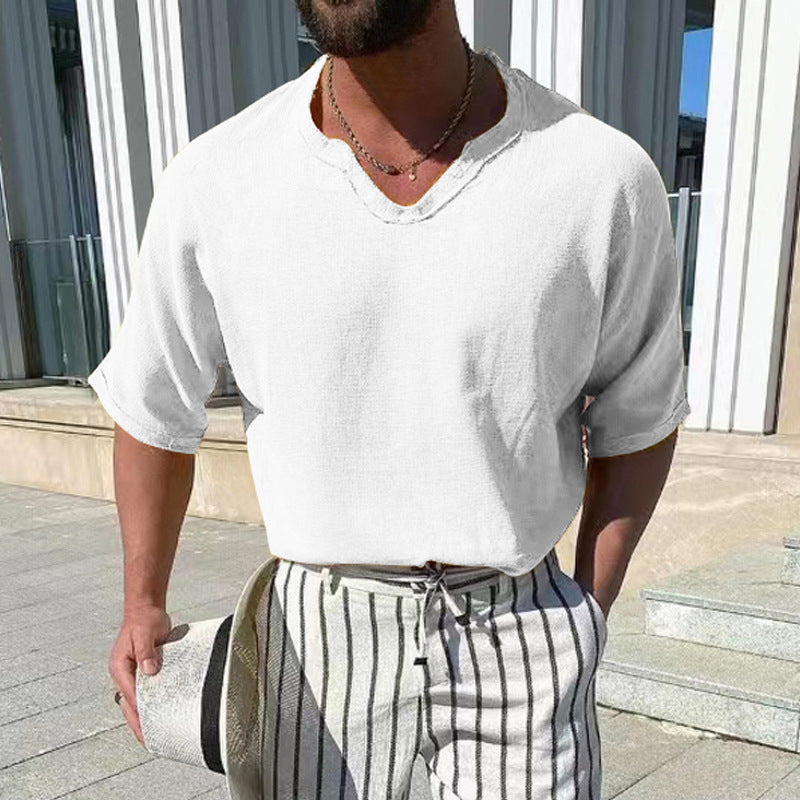 Men's Solid Color Cotton Linen V-Neck T-Shirt Short Sleeve Men