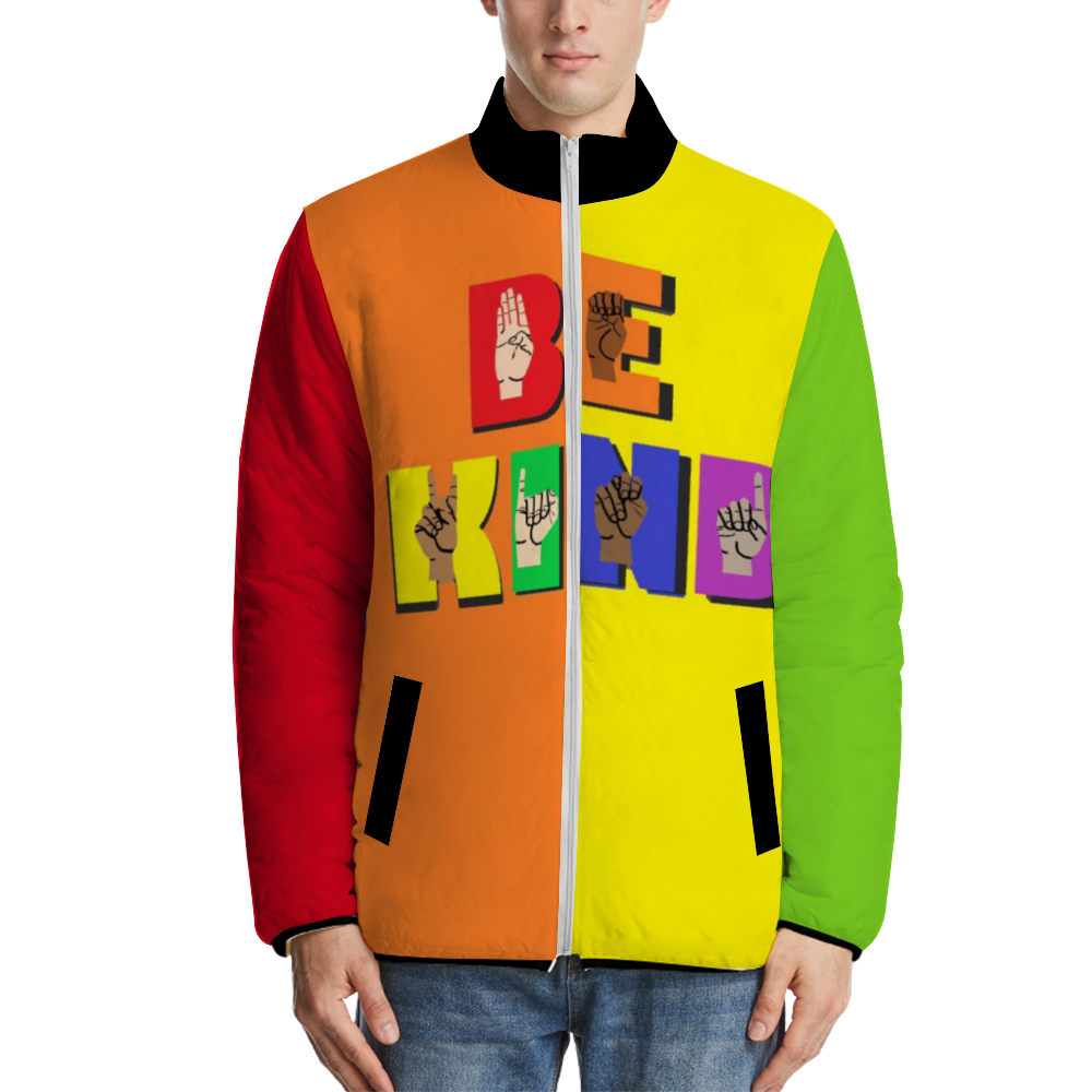 LGBT Gay Pride Hoodie gay jacket. Front Side of Lgbtq Gay Pride Hoodie with the word "Be Kind:" in Enghlish and spelled out in sign langag over letters.  Four panels and two arms are rainbow colors aound entire jacket. 