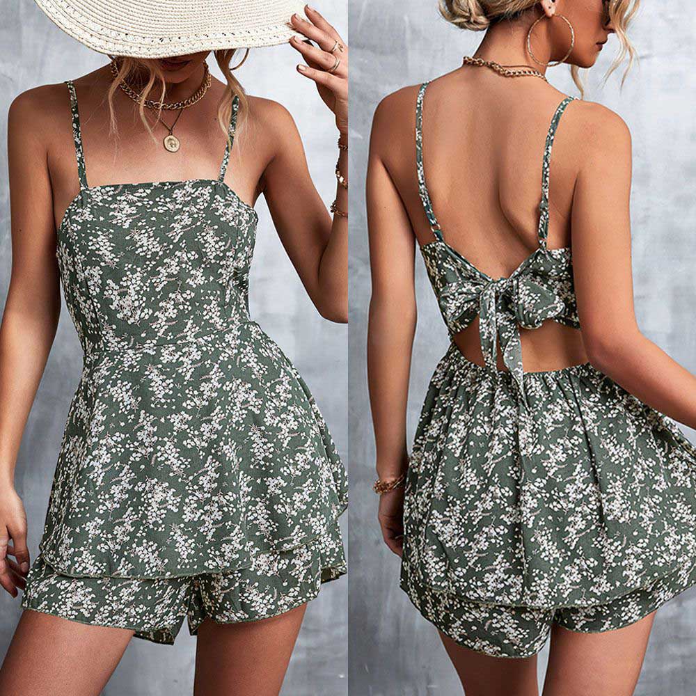 TN Sexy Backless Floral Shorts Lace Up Jumpsuit Beach Backless Dress