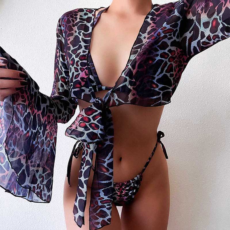 TN Women's Dark Leopard Printing Bikini & Smock Set Splitting Bathing Suit
