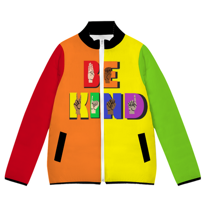 Lgbtq Gay Pride Hoodie with the word "Be Kind:" in Enghlish and spelled out in sign langag over letters.  Four panels and two arms are rainbow colors aound entire jacket. 