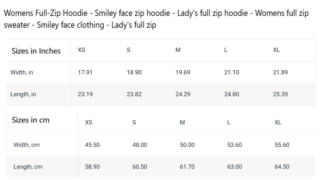 Womens Full-Zip Hoodie - Smiley face zip hoodie - Lady's full zip hoodie - Womens full zip sweater - Smiley face clothing - Lady's full zip