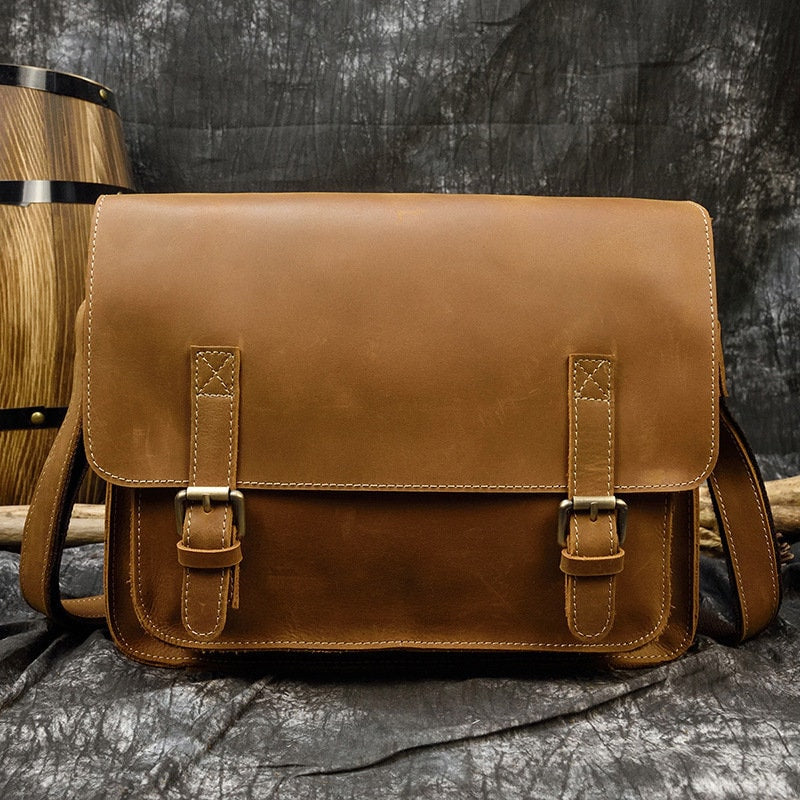 Men's Leather Messenger Bag A4 Flap Vintage Shoulder Briefcase, Leather bag, leather tote bag, leather carryon bag, leather shoulder bag