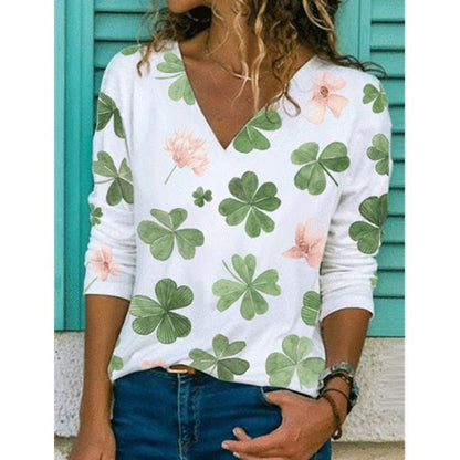 Women's Floral Printing Long Sleeve Deep V Loose-fit T-shirt