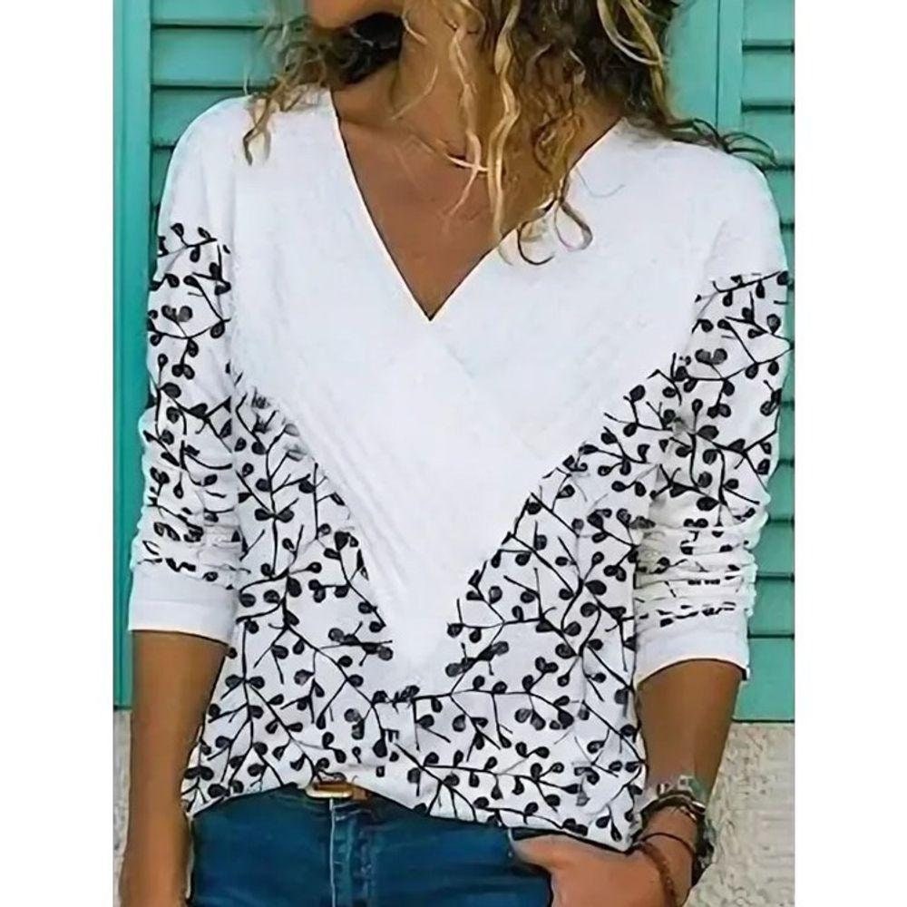 Women's Floral Printing Long Sleeve Deep V Loose-fit T-shirt