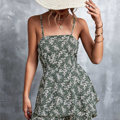 Sexy Backless Floral Shorts Lace Up Jumpsuit Beach Backless Dress