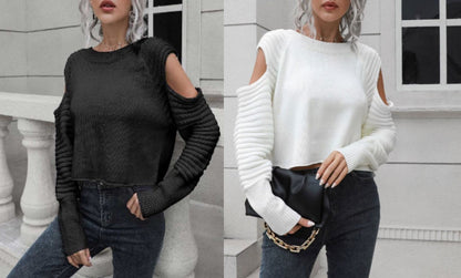 Woman's Short Knitwear Stylish Sweater with Hollow off the Shoulder