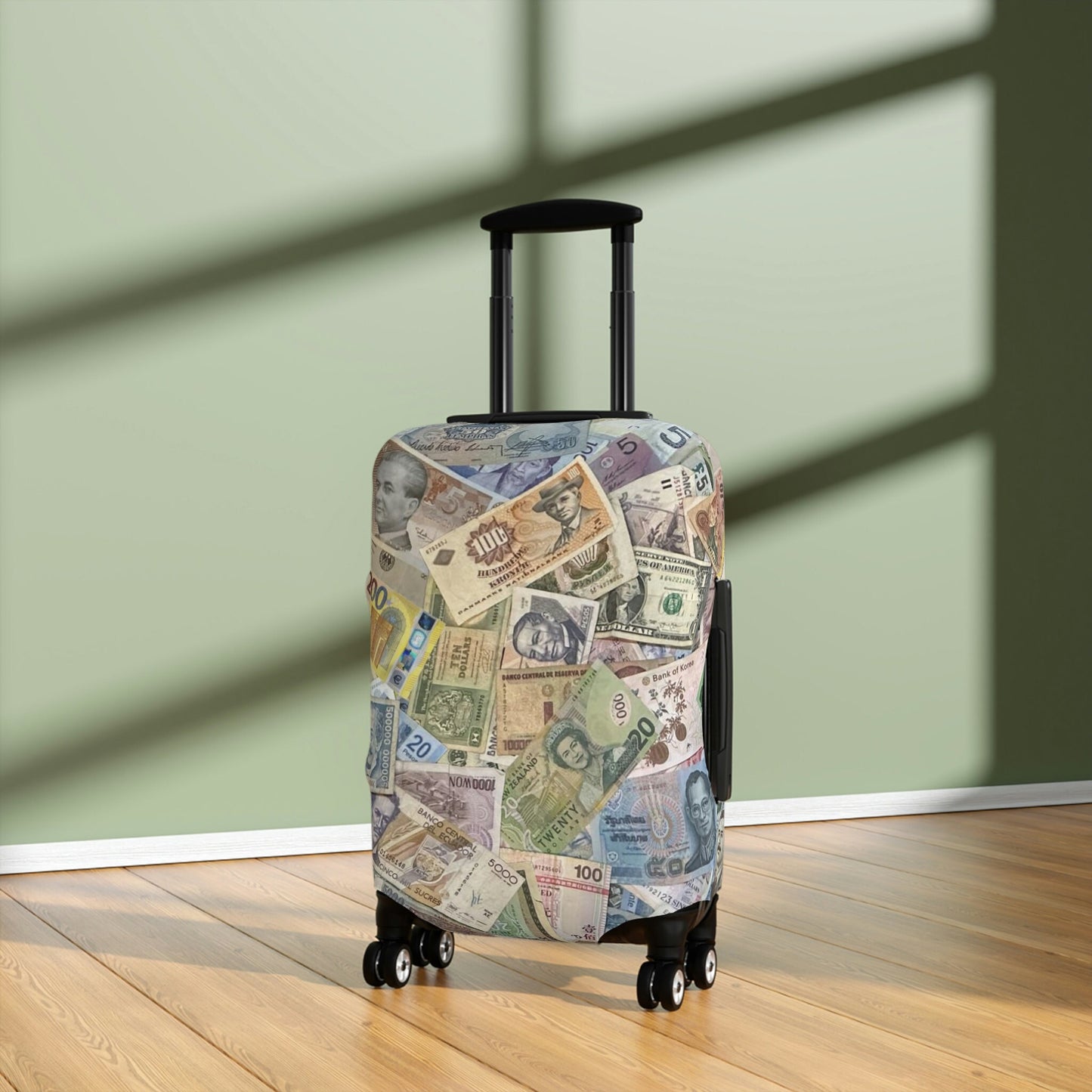 World Currency Suitcase Luggage Cover, perfect luggage cover for a world traveler, always find your covered suit case in baggage claim!