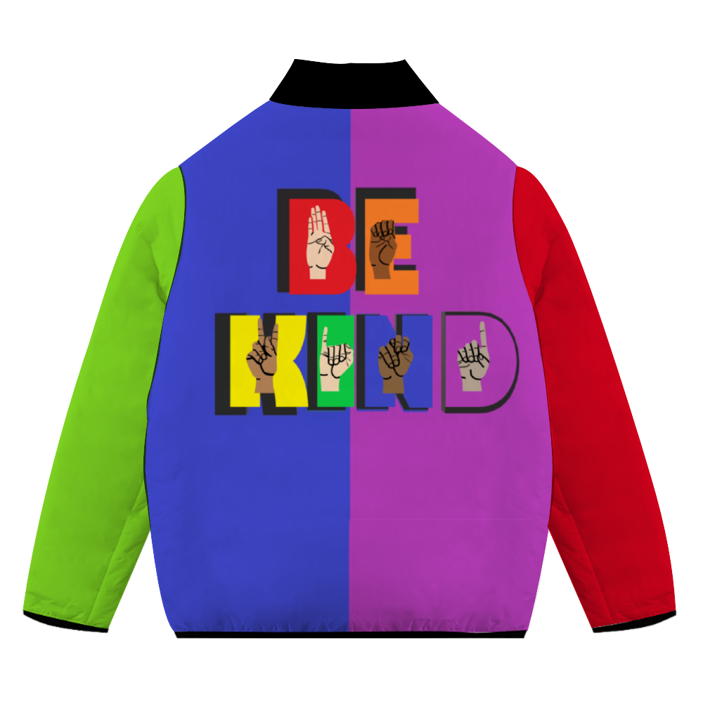 Backside view of Lgbtq Gay Pride Hoodie with the word "Be Kind:" in Enghlish and spelled out in sign langag over letters.  Four panels and two arms are rainbow colors aound entire jacket. 