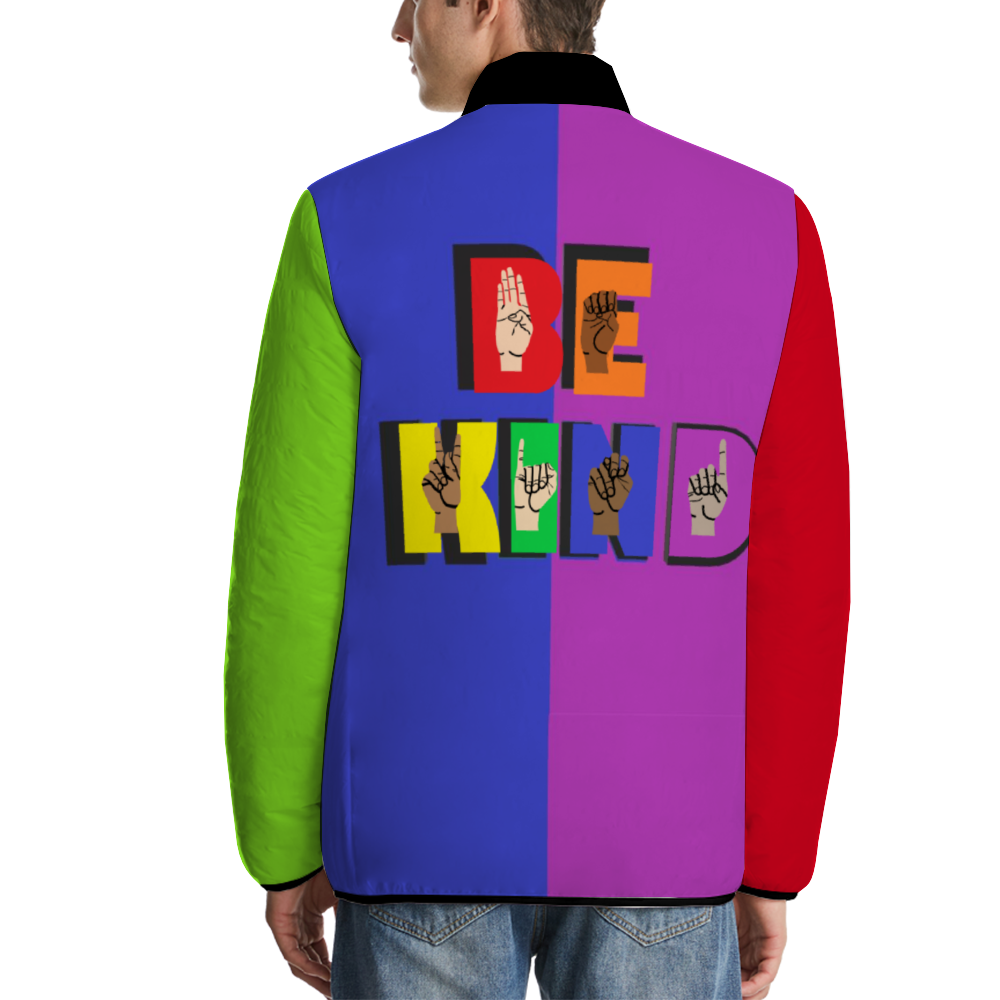 Back Side of Lgbtq Gay Pride Hoodie with the word "Be Kind:" in Enghlish and spelled out in sign langag over letters.  Four panels and two arms are rainbow colors aound entire jacket. 